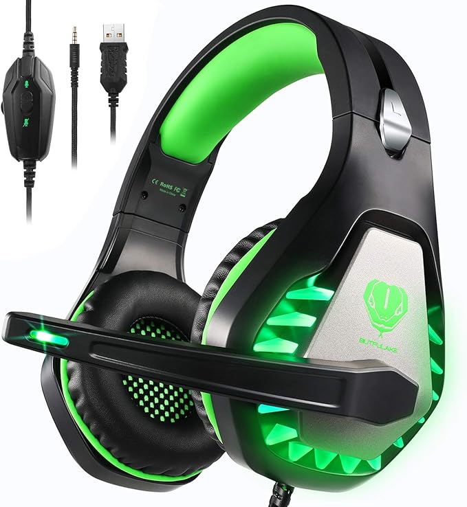 Gaming Headset for PS4, Xbox One, PC, PS5, Laptop, Mac, for Nintendo Switch, 3.5MM Noise Cancelling Over Ear Headphones with Mic, Bass Surround, Soft Memory Earmuffs Green