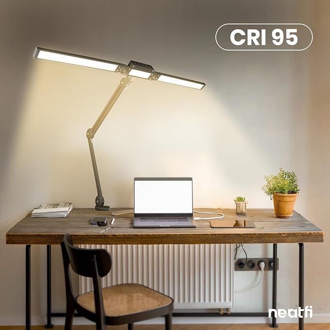 Neatfi LED Desk Lamp | 3,000 Lumens | Dimmable 30W Desk Light | 360 SMD LEDs | CRI 95 | Adjustable Color Temperature | Task Lamp for Home, Office, or Workbench (Black, 41-Inch, CCT with Clamp)