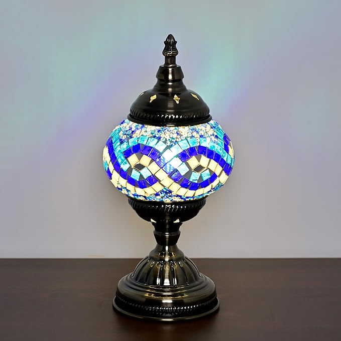 GOGERS Turkish Moroccan Table Lamp Lantern with Handmade Mosaic Glass Lampshade Tiffany Style Bohemian Stained Glass Decorative Desk Lamps Bedside Night Lights for Bedroom (White Multiple Blues)