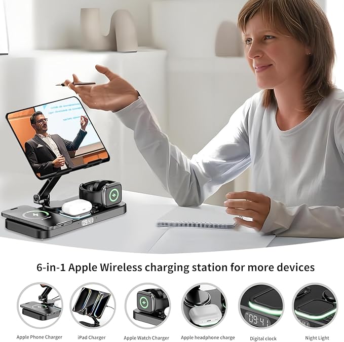 30W Foldable Charging Station for Multiple Devices, iPad Charging Station with Clock Display & Night Light for iPhone 17 Pro Max/16/15/iWatch 11/Air-pods 3/iPad 2025/Tablet Stand Holder