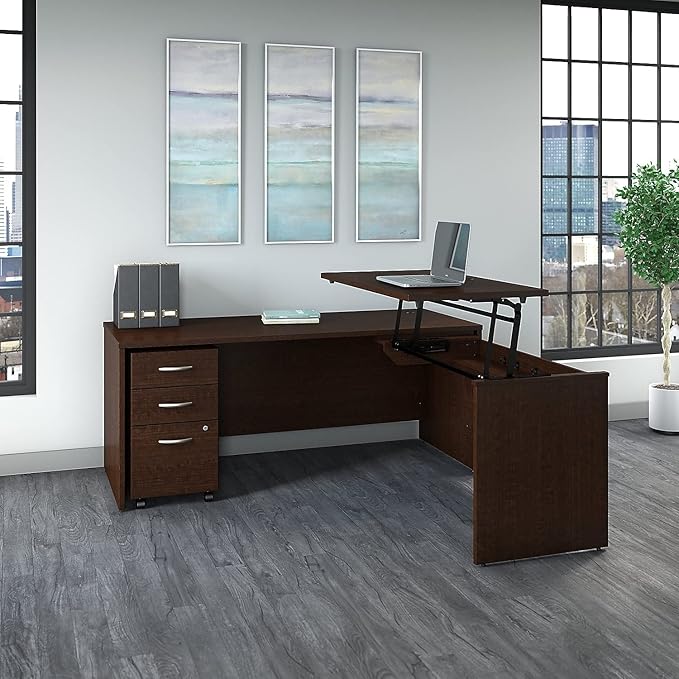 Bush Business Furniture Series C 72W x 30D 3 Position Sit to Stand L Shaped Desk with Mobile File Cabinet in Mocha Cherry