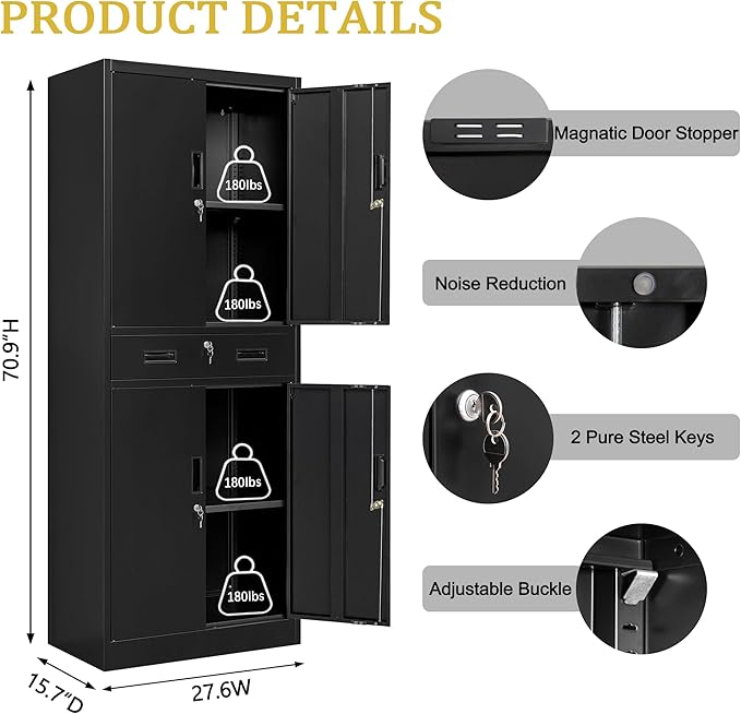 71" H Tall Metal Storage Cabinet with Drawer, Metal Garage Storage Cabinet with Lock and 2 Adjustable Shelves for Home, Office, Garage, Warehouse Organize, Black
