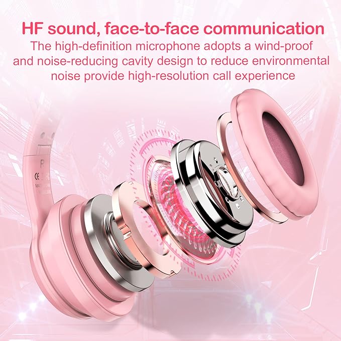 Pink Bluetooth Cat Ear Headphones for Kids & Adults, Wireless & Wired Mode Foldable Headset with Mic - Clear Sound Quality - RGB LED Light, for Girls School Gaming, for Phone/Laptop/PC/Tablet