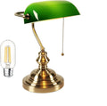 FIRVRE Green Glass Bankers Desk Lamp, Vintage Lamp with Brass Base, Traditional Library Lamp with Pull Chain for Home Office, Study Room (LED Bulb Included)