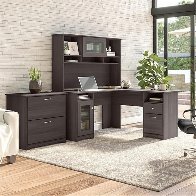 Scranton & Co Cabot L Shaped Desk with Hutch & File Cabinet, 60 in Work Surface, Fluted Glass Doors, USB Ports, Ball Bearing Slides, Chrome Hardware, Espresso Oak Finish, Office Furniture for Home or