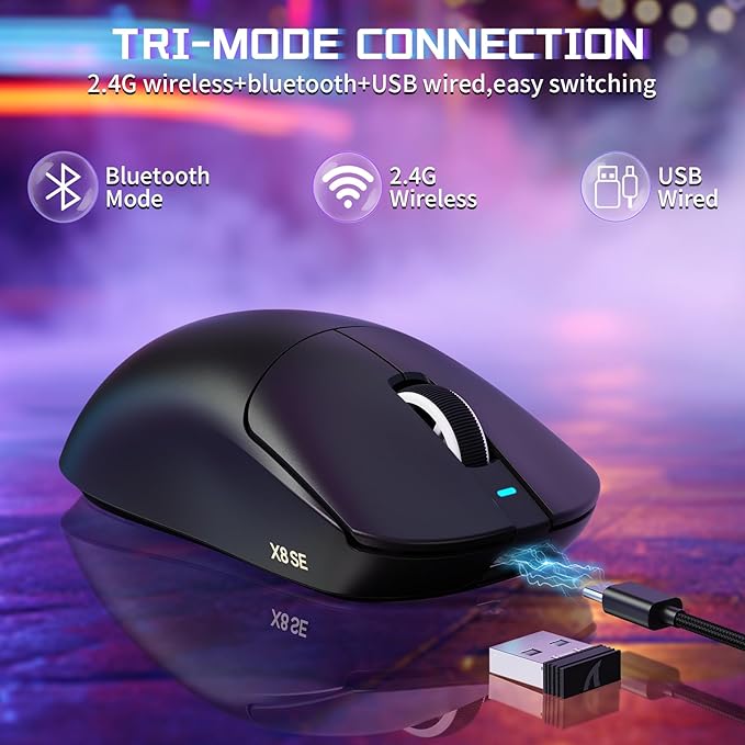 ATTACK SHARK X8SE Wireless Gaming Mouse,Adjustable 25K DPI PAW3311 Optical Sensor,Ergonomic 59g Lightweight,Triple Modes 2.4G/BT/USB-C Wired,500mAH Battery,5 Programmable Buttons for PC/Mac-Black