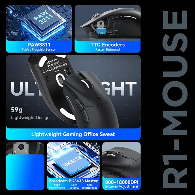 MAMBASNAKE Attack Shark R1 Wireless Gaming Mouse,PAW3311 Optical Sensor 18K DPI,59g Ultralight 2.4Ghz/BT/Wired Computer Mice for Win/Mac - Black