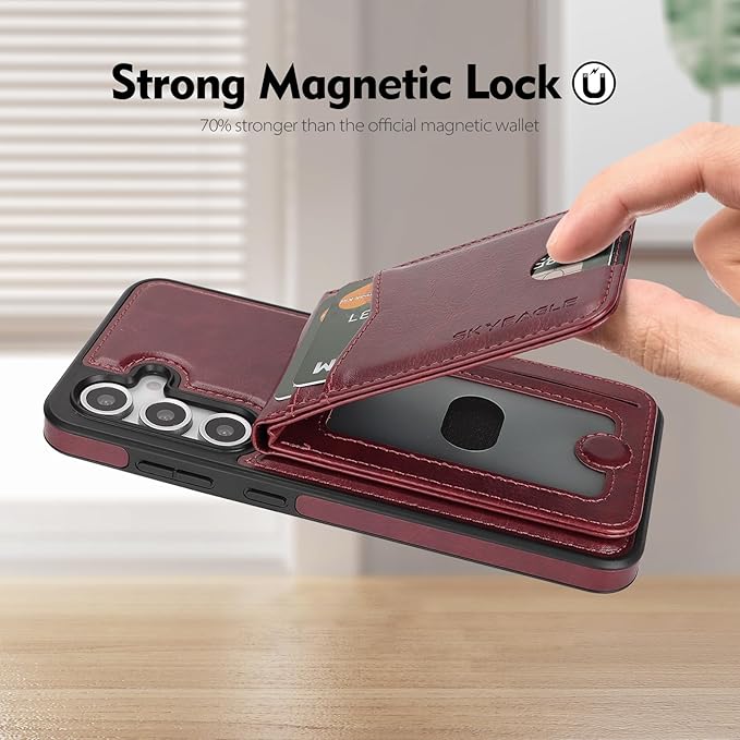 SkyEagle Compatible with Magsafe 2 in 1 Detachable Galaxy S25 Wallet Case with Card Holder,Women Men Magnetic PU Leather RFID Blocking Flip Kickstand Credit Slots for Galaxy S25 6.2",Wine Red