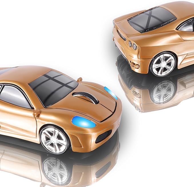 elec Space Wireless Mouse 2.4GHz Cool Sport Car Shape Wireless Mouse Optical Cordless Mice with USB Receiver for PC Laptop Computer 1600 DPI 3 Buttons Gold
