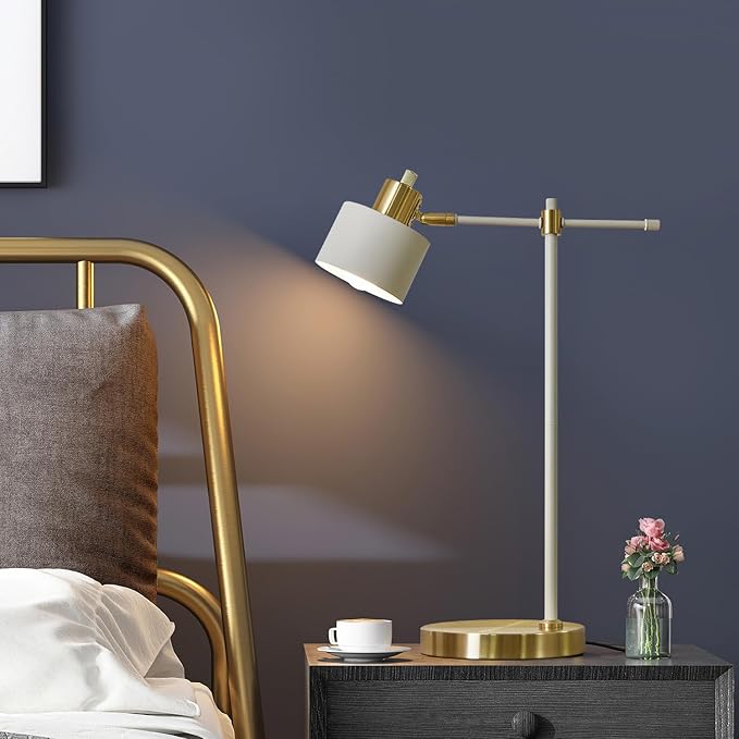 OYEARS Modern Industrial Desk Lamp for Reading LED 22.2“ Metal Table Lamp Light for Office Bedroom Study Room Living Room Nightstand Bedside Lamps Gold and Matte Cream Accent (Cream, Bulb Included)