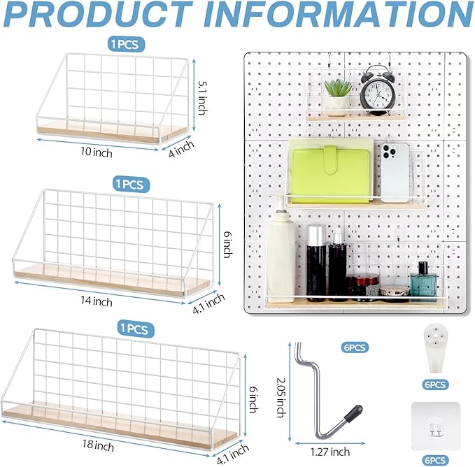 Roowest 3 Sets Metal Pegboard Shelves with Steel Peg Board Brackets and Hooks Wall Organizer Storage Display Tray Accessories for Craft Room Home Office Garage Nursery Workbench Kitchen(White)
