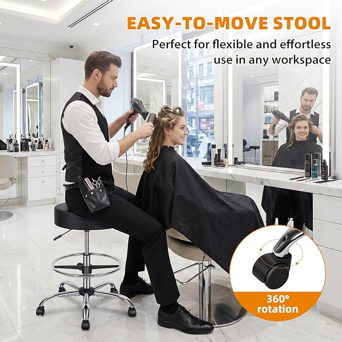 Drafting Stool with Backrest, Height Adjustable Drafting Chair Rolling Stool Faux Leather Swivel Stool, Footrest Ring Tall Work Stool Counter Height Office Salon Studio Lab Chair (Black)