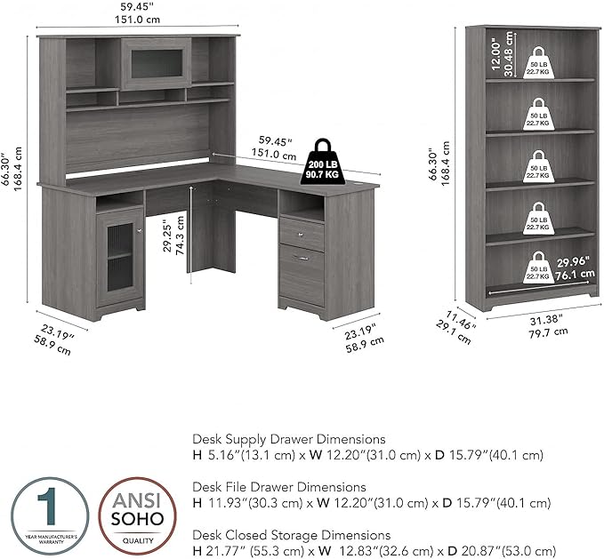 Bush Home Cabot 60W L Shaped Computer Desk with Hutch and 5 Shelf Bookcase in Modern Gray