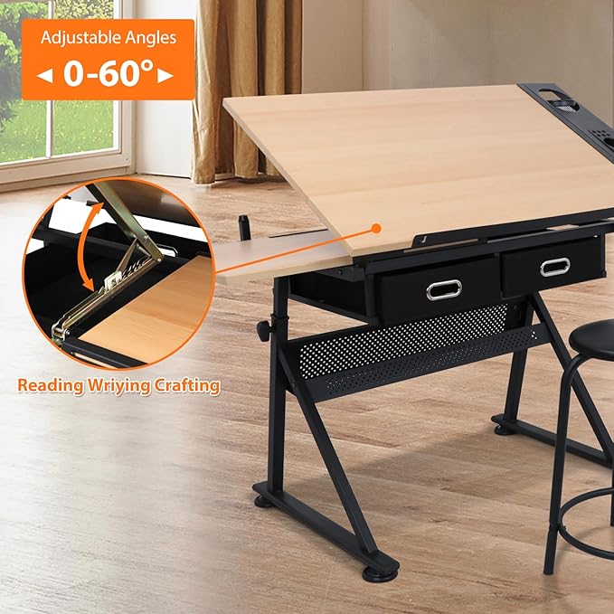 HomGarden Height Adjustable Drafting Desk Drawing Table Art Craft Work Station w/Stool, Storage Drawers for Drawing, Reading, Writing