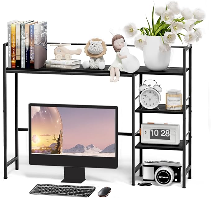HavenlyYouth Desk Shelf, 38.6 Inch Wood Desk Organizer Shelf for Computer Monitor, Desk Hutch Storage, Desktop Shelf for Top of Desk, 3 Tier Desktop Bookshelf for Home Office Dorm, Black