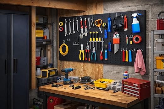 Peg Board Wall Organizer, Black Metal Pegboard Organizer, 2 Metal Pegboard Panels(12"x24") with 68 Accessories, Wall Mount Large Peg Board Kit with Hooks, Bins for Home, Garage, Workbench