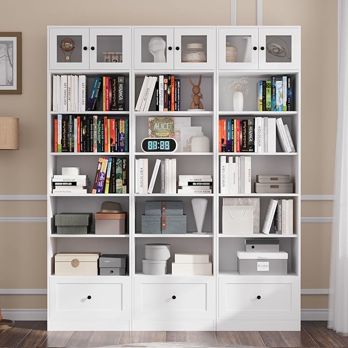 TUSY 85.5 Inch Tall Bookshelf with Doors - 7 Tier Bookcase with Glass Doors and Drawer, 23.6" Wide Storage Cabinet with Open Shelves for Living Room, White Book Shelf for Home Office (BBB)