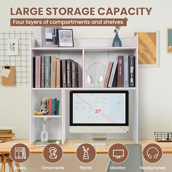 Desktop Bookshelf 36" Tall, White Desk Hutch for Computer Desk, 4-Tire Wood Desk Shelf Storage Organizer for Office Home