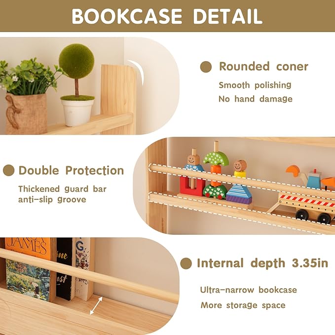Baveke Kids Bookshelf, 5 Tier Shelves Behind The Door Book Shelf Storage, Children's Solid Wood Bookcase Space- Saving, Wall Mount Bookshelf for Bedroom, Living Room, Office（FSC-Certified Wood）