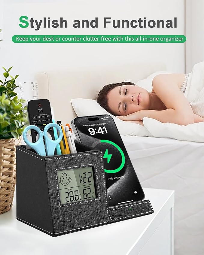 Pen Holder with Wireless Charger, Built in Digital Indoor Thermometer and Humidity Monitor, Multi-Functional Desktop Organizer for Home, School, Office Supply, Midnight Black