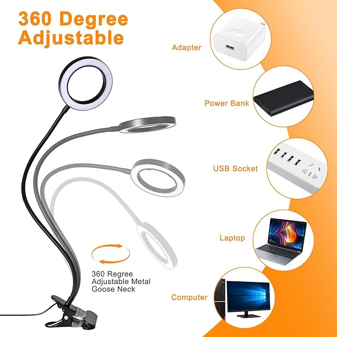 10X Magnifying Glass with Light and Timer, 2 in 1 Magnifying Desk Lamp, 3 Color Modes 10 Dimmable Brightness, Flexible Gooseneck Magnifier with Light for Craft Hobby Painting Sewing Close Work