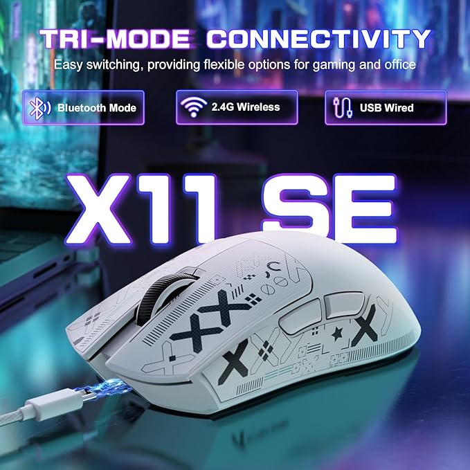 ATTACK SHARK X11SE Ultra-Light Wireless Gaming Mouse,Tri-Modes BT5.2/Type-C Wired/2.4G,PixArt PAW3311 Gaming Sensor,22KDPI,5 Programmable Buttons for Laptop,PC,Mac Gamer(White&Sticker)
