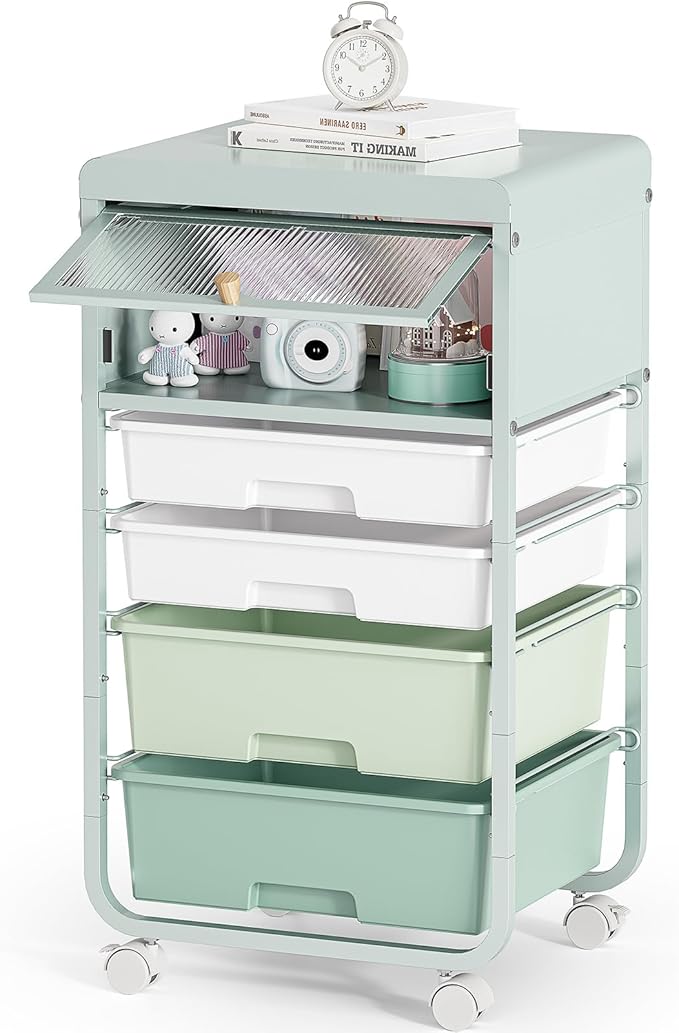 SYKIARIOL Utility-Rolling-Storage-Drawer-Craft-Cart-Organizers with 4 Drawers & Dust-proof Door for Kid Craft Art Room,Bedroom,Home Office, 4 Tiers Drawer cart, Green