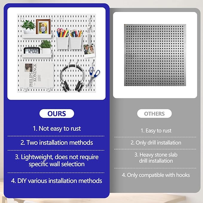 white pegboard wall organizer - skadis peg board panels for desk and wall control - durable pegboard （White, 22″×22″）