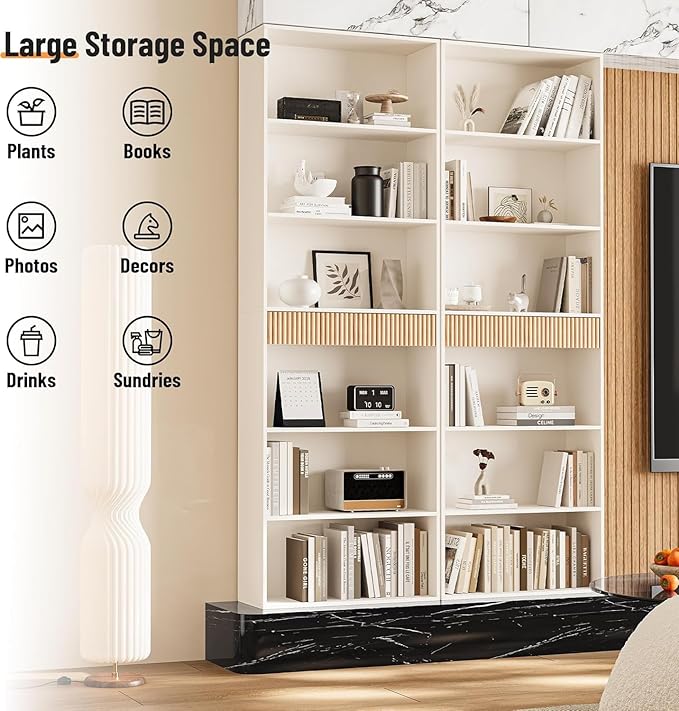 INNOD 7-Tier Bookshelf with Storage, 72" Tall Bookcase with Drawer, Display Book Shelf Book Organizer with Anti-tip Device, Home Decor Wood Furniture for Office, Bedroom, Living Room, White