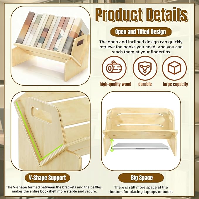 Wood Desktop Bookshelf, Tabletop Book Storage Rack Display Shelf with Handle, Tilting Office Bookcase Magazine Holder CD Rack for Office, Study Room, No Tools Required