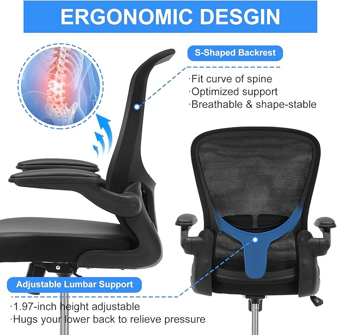 Ergonomic Drafting Chair, Standing Desk Chair with Lumbar Support Tall Office Chair with Flip-Up Arms Footrest Ring, Breathable Mesh High Desk Chair with PU Leather Seat Cushion, Black