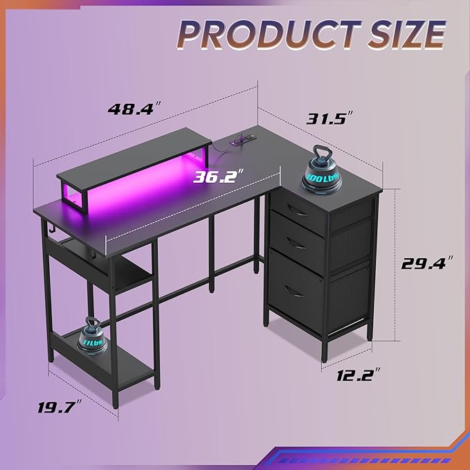 DEVAISE L Shaped Gaming Desk with Drawers and Storage, L Shaped Desk with LED Lights, Power Outlets, PC Desk with Monitor Stand, Corner Desk for Home Office (Black, 47 Inch)