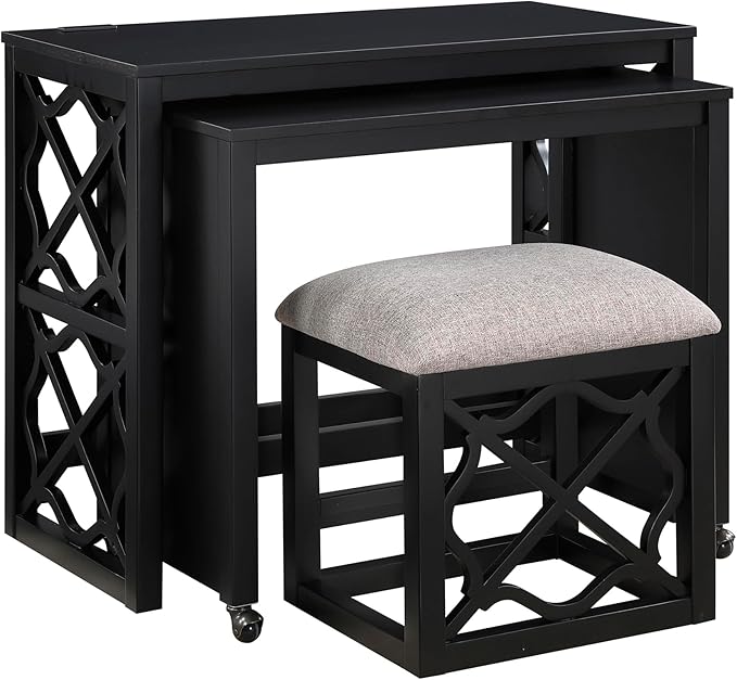 Lexicon Space-Saving Home Office Wood Desk Set, Modern Makeup Vanity Desk with Padded Vanity Stool, USB Charging Port, Nesting Table, Rolling Small Computer Table for Writing/Study/Bedroom, Black