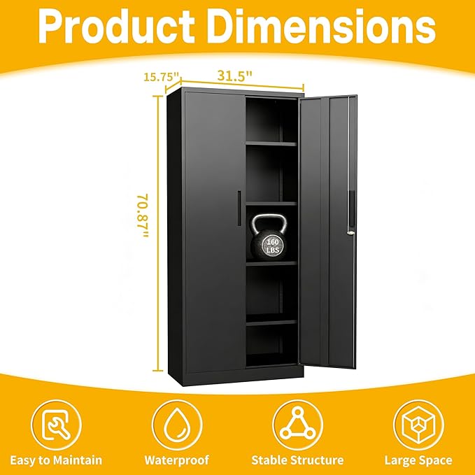 Metal Storage Cabinet with 2 Doors and 4 Adjustable Shelves, 71" Garage Storage Cabinet with Anti-Tipping Design, Lockable Garage Cabinets for Office, Home, Garage, Gym, School