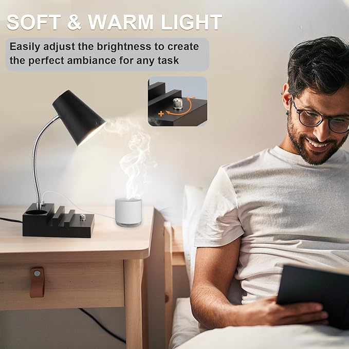 LALISU Study Desk Lamp with USB Charging and Type-C Night Light, Gooseneck LED Table Lamp Stepless Dimming Study Table Lamp with Pen Holder for College Dorm Bedroom and Office (Black)