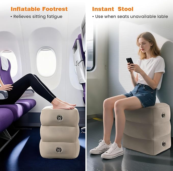 Inflatable Foot Rest Pillow for Travel, 4 Height Adjustable Leg Rest Pillow for Economy Class, Car, Office and Homes