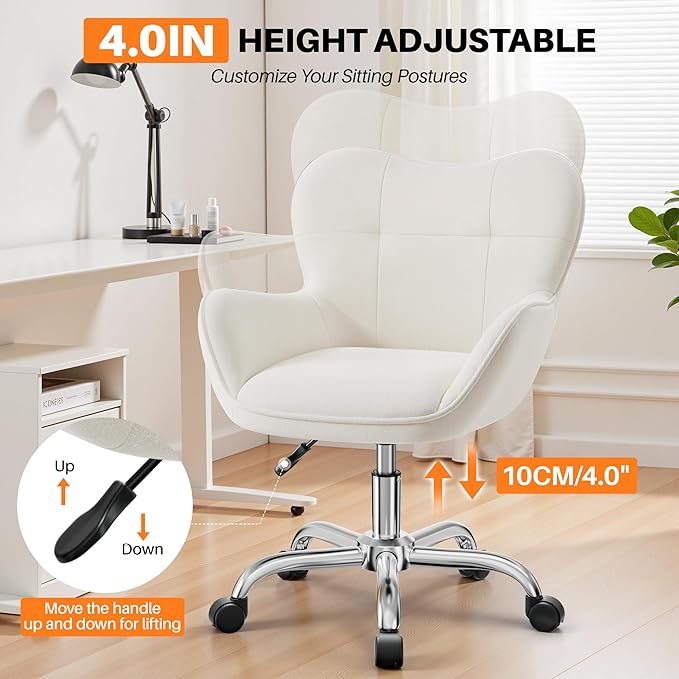 Vanity Chair with Wheels, Cute Home Office Desk Chairs Adjustable Height for Living Bedroom, Small Modern Fluffy Velvet Makeup Chair with Back for Girls (White)