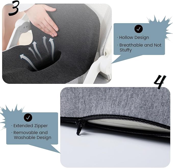 Ergonomic Memory Foam Seat and Back Cushion Set with L Shaped Lumbar Support Non Slip Breathable and Machine Washable for Car Office Chair Wheelchair or Home Use (Gray)