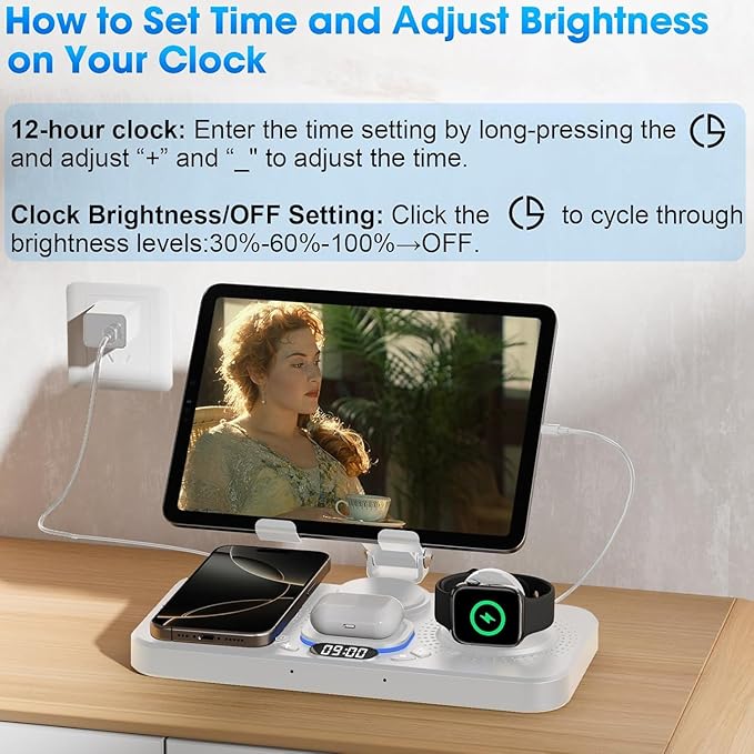 6 in 1 Wireless Charger for Apple Device, 30W Foldable Wired Charging for ipad with Clock & 7 Color Ambient Light, Nightstand Charger Station for iPhone 17/16/15/iWatch Series/AirPods 4/Pro 3(White)