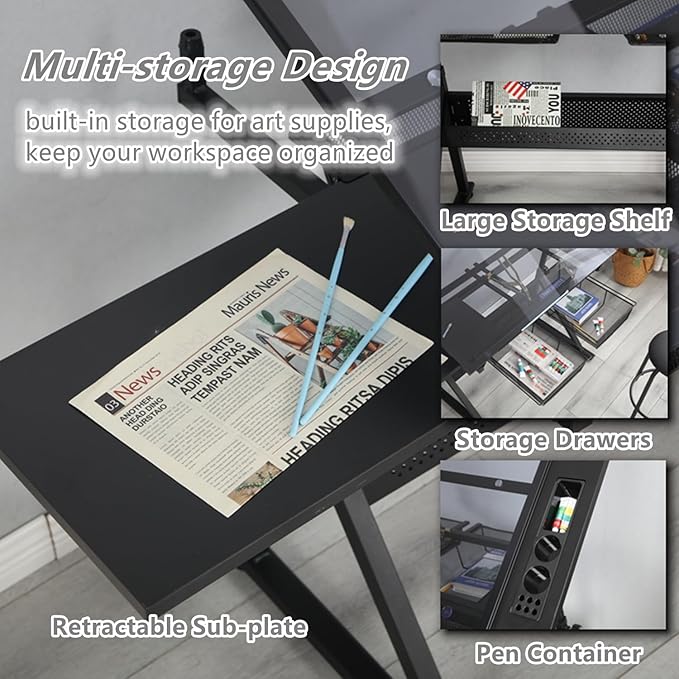 Drafting Table, 0-75° Tilting Glass Tabletop Drawing Table with Stool - Adjustable Height Art Desk with Multi-Storage for Sketching and Painting - Perfect for Artists and Hobbyists, Black