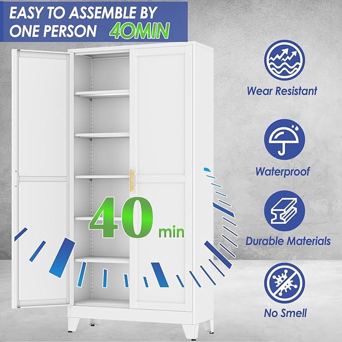 75" Metal Storage Cabinet with Adjustable Leveling Foot,Garage Storage Cabinets with 2 Doors and 5 Adjustable Shelves, Black Steel Cabinet for Office,Home,Garage(Widen)