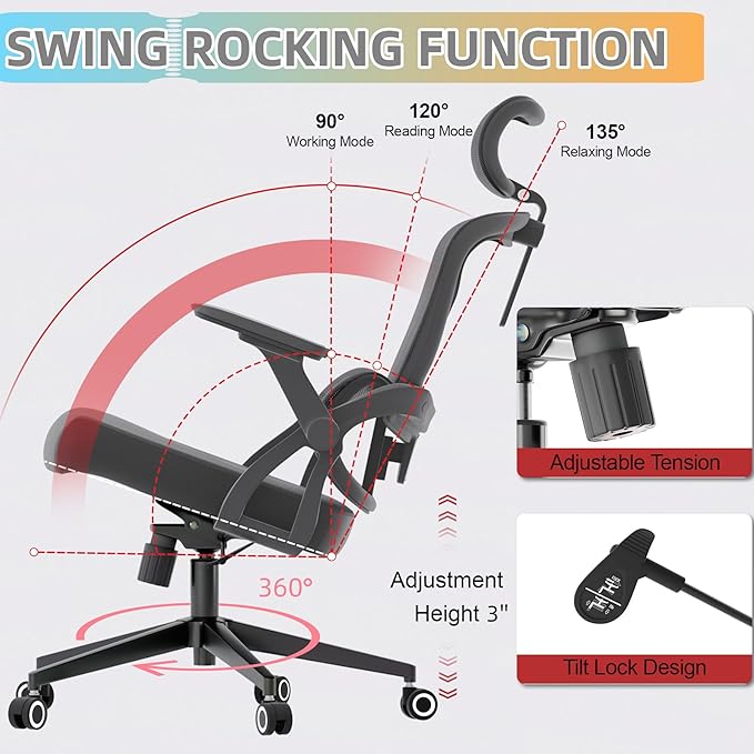 Ergonomic Office Chair - 350LB Comfy Desk Chairs with Adjustable Headrest and Lumbar Back Support, Mesh Computer Chairs with Wheels and Arms for Home Office, Study