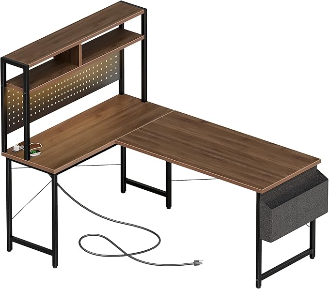 Mericonia 50 inch Large L Shaped Desk with Pegboard Hutch & Shelves, Corner Gaming Desk with Power Outlet, LED Light & Storage Bag, Reversible Computer Desk for Home, Bedroom, Office Workspace, Walnut