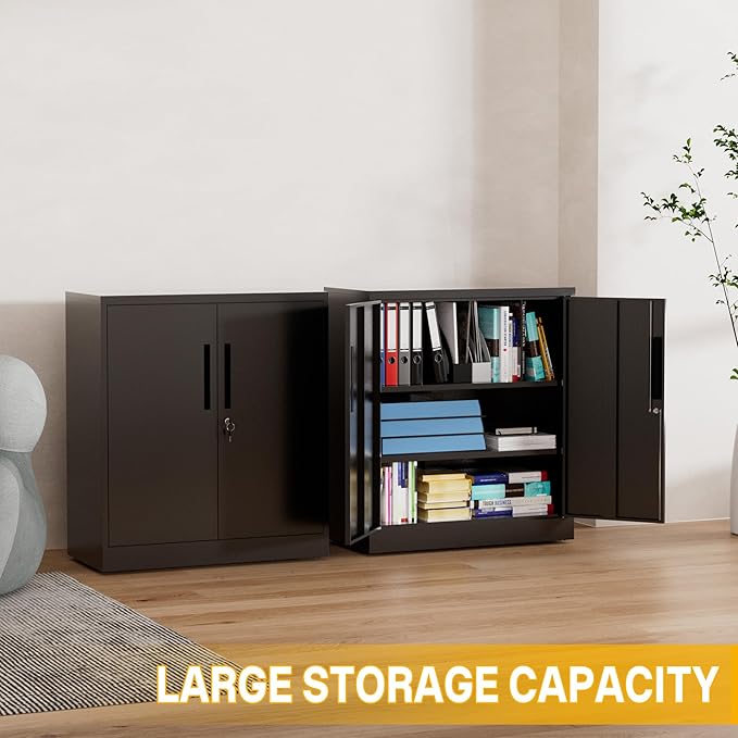 Metal Storage Cabinet, 35" Garage Storage Cabinet with 2 Adjustable Shelves & Lockable Doors, Black Garage Cabinets for Office, Home, Garage, Gym, School