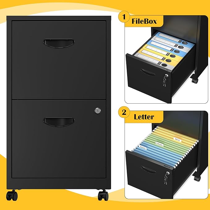 SteeLoong 2 Drawer File Cabinet with Lock，Black Rolling File Cabinet for Home Office, Metal Small Mobile Filing Cabinets on Wheels for Hanging Letter