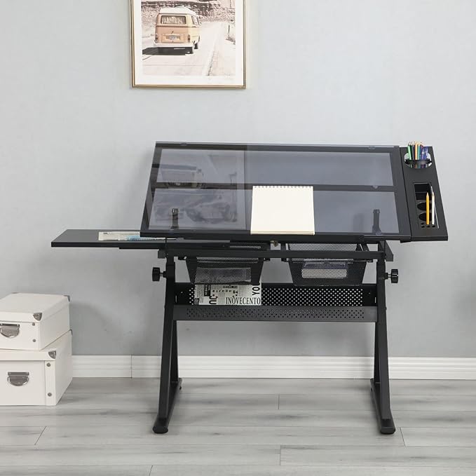 Drafting Table with Stool, Modern Black Adjustable Tempered Glass Printing Artwork Desk for Art Studio Home Office School