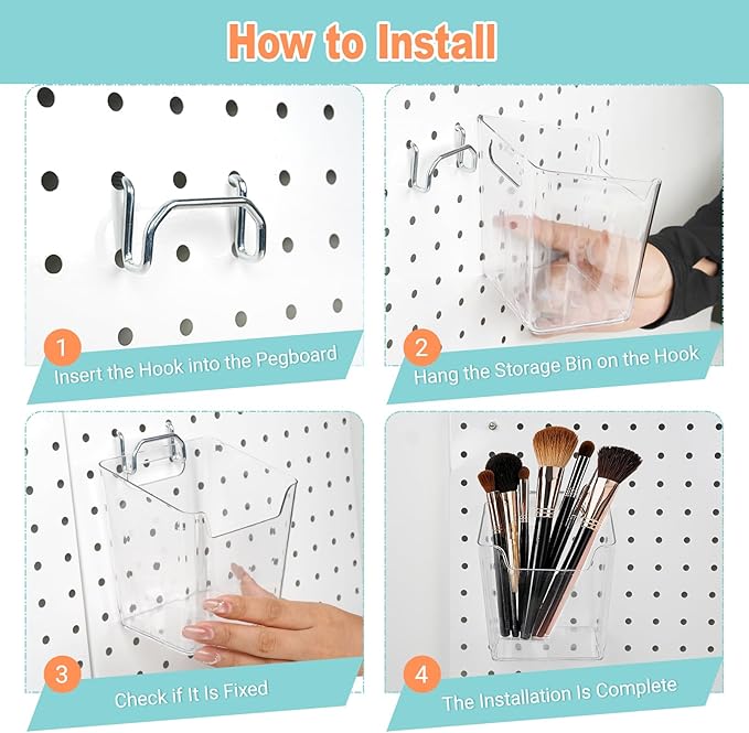8 Pack Large Pegboard Bins with Hooks, Square Box Shape Peg Board Cups and Peg Board Accessories for Craft Room, Playroom, Office, Garage, and Wall Mount Organization (Transparent)