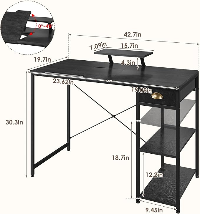X-cosrack Drafting Table with Storage Shelves & Drawer, 43" Adjustable Art Desk with Monitor Stand for Home Office Computer, Tiltable Draft Drawing Table for Artist, Study, Writing Workstation, Black
