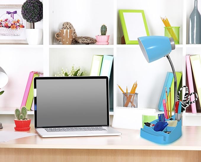 Simple Designs LD1002-BLU Gooseneck Organizer Desk Lamp with iPad Tablet Stand Book Holder, Blue