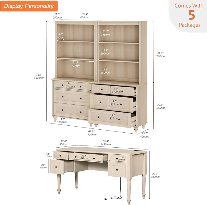 WAMPAT Home Office Furniture Set, 56'' Executive Desk with Charging Station, 72" Tall Bookcase with 6 Drawers, Wood Computer Desk with File Cabinet Storage, Open Shelf, Light Oak